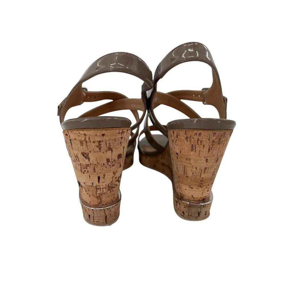Salvatore Ferragamo Brown Patent Leather Cork‎ Wedge Sandals Adjustable 9.5
